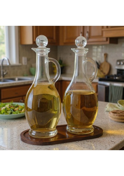 Bambu Standlı Kulplu Yağdanlık Seti – 2’li 500 ml Kristal Tıpalı (Koyu Renk Altlıklı)