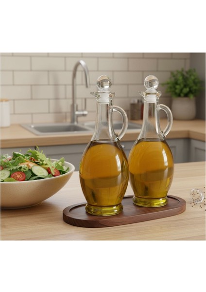Bambu Standlı Kulplu Yağdanlık Seti – 2’li 500 ml Kristal Tıpalı (Koyu Renk Altlıklı) fırsatları
