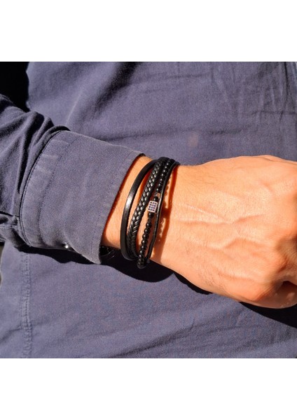 Erkek Hakiki Deri Bileklik Hediyelik Örgü & Taş Detaylı Vintage Bileklik