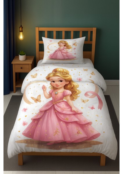 Pembe Prenses Kelebekli Tek Kişilik Çocuk Nevresim Seti