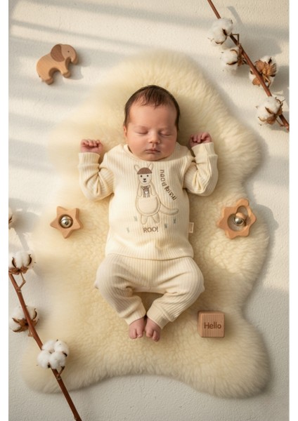 Sevimli Kanguru Nakışlı %100 Pamuk Ekru Ribana Bebek Takımı