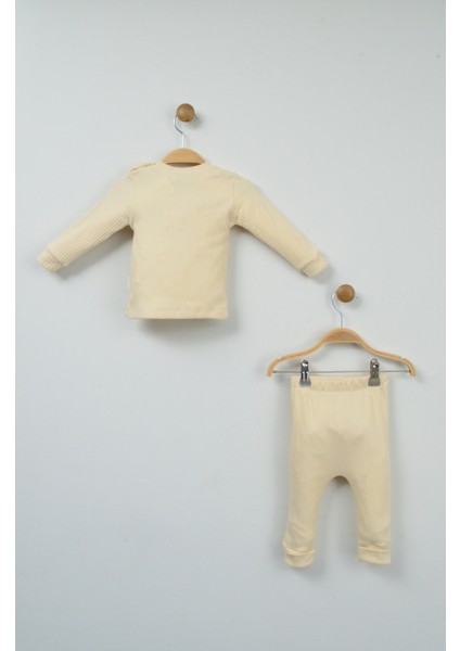 Sevimli Kanguru Nakışlı %100 Pamuk Ekru Ribana Bebek Takımı modelleri