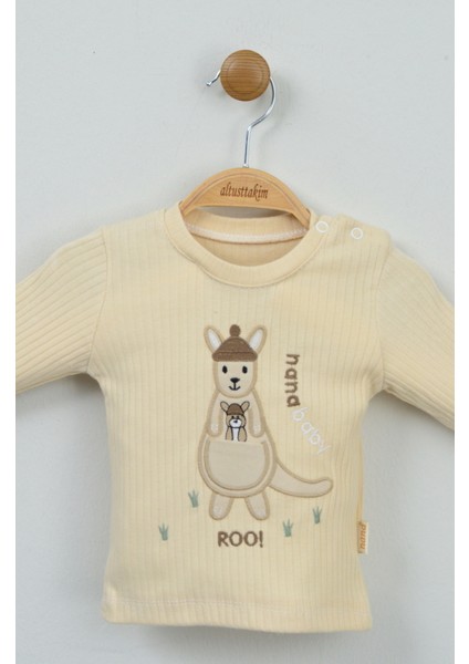 Sevimli Kanguru Nakışlı %100 Pamuk Ekru Ribana Bebek Takımı fırsatları