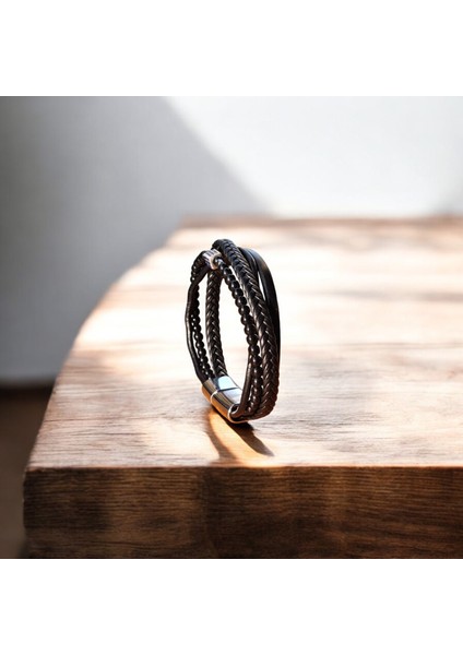 Erkek Hakiki Deri Bileklik Hediyelik Örgü & Taş Detaylı Vintage Bileklik