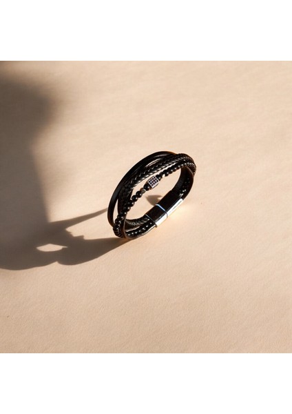 Erkek Hakiki Deri Bileklik Hediyelik Örgü & Taş Detaylı Vintage Bileklik