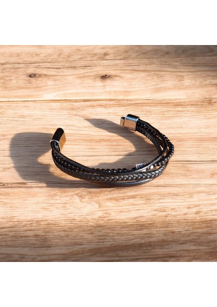 Erkek Hakiki Deri Bileklik Hediyelik Örgü & Taş Detaylı Vintage Bileklik