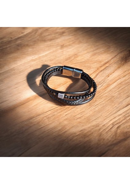 Erkek Hakiki Deri Bileklik Hediyelik Örgü & Taş Detaylı Vintage Bileklik
