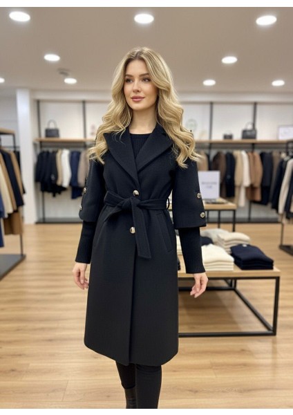 Triko Kol Detaylı Kadın Kaşe Kaban