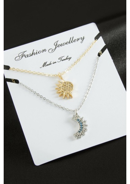 Hilal Yıldız Çift Zirkon Taşlı Kolye