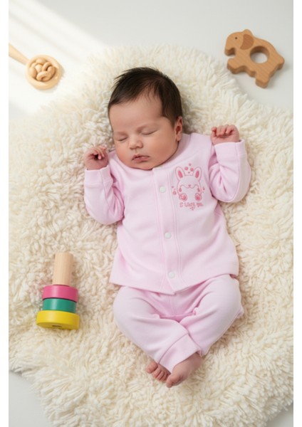 Sevimli Tavşan Desenli %100 Pamuk Pembe Bebek Takımı