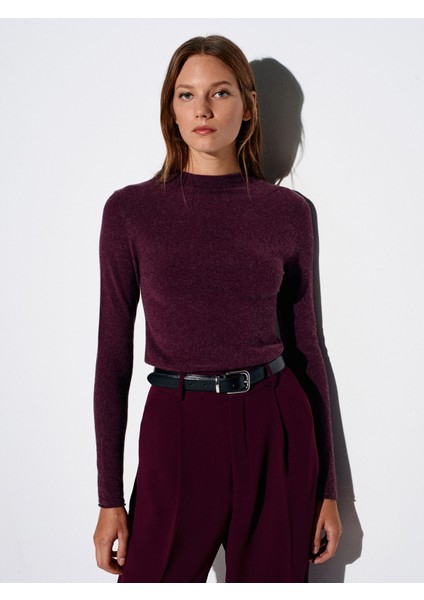 10841 Dik Yaka Kaşmirli Ultra Hafif Triko Kazak-Bordo M.