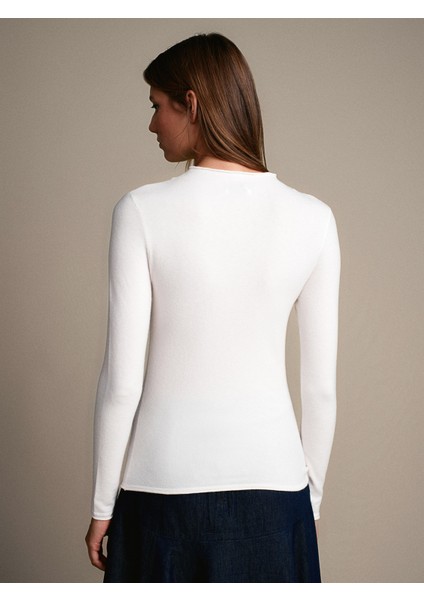 10841 Dik Yaka Kaşmirli Ultra Hafif Triko Kazak-Ekru fiyatları