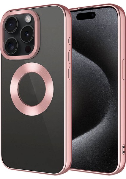 Apple iPhone 15 Pro Kılıf Tek Kamera Çerçeveli Logo Gösteren Brvh Omega Kapak-Rose Gold