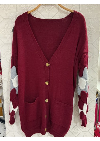 Kollarda Yuvarlak Renk Desenli Oversize Kadın Triko Hırka fiyatları