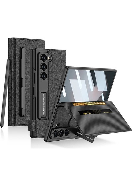Galaxy Z Fold 6 Suni Deri Tasarımlı Kalem Bölmeli Brvh Kıpta Kartlıklı Standlı Kapak-Siyah Litchi