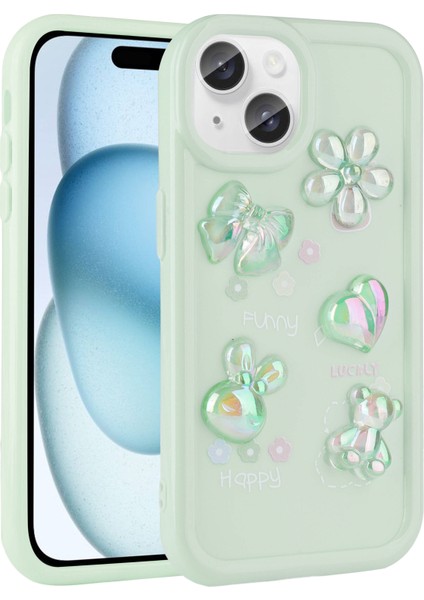 Apple iPhone 15 Plus Kılıf Kabartma Figürlü Parlak Brvh Toys Silikon Kapak-Açık Yeşil