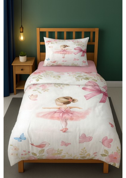 Balerin Kelebek ve Çiçekli Tek Kişilik Çocuk Nevresim Seti