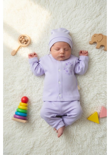 Sevimli Zürafa Desenli %100 Pamuk Lila Bebek Takımı