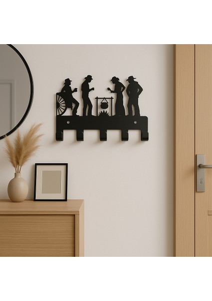 Modern Kovboy Silüetli Metal Anahtarlık | 5 Askılı Siyah Dekoratif Organizer