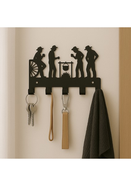 Modern Kovboy Silüetli Metal Anahtarlık | 5 Askılı Siyah Dekoratif Organizer fiyatları