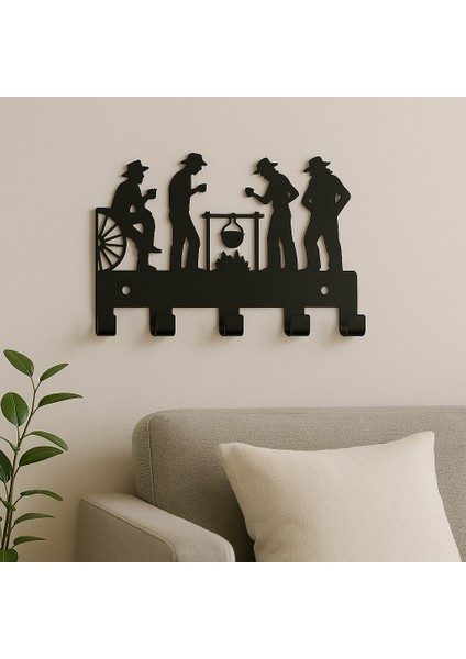 Modern Kovboy Silüetli Metal Anahtarlık | 5 Askılı Siyah Dekoratif Organizer modelleri