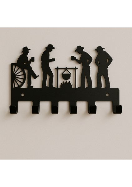 Modern Kovboy Silüetli Metal Anahtarlık | 5 Askılı Siyah Dekoratif Organizer fırsatları