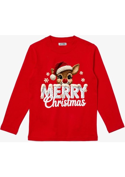 Uzun Kollu Geyik Merry Christmas Baskılı Pamuklu Nakış Baskılı Yeni Yıl Yılbaşı T-Shirt