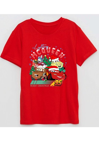 Kısa Kollu Noel Arabaları Şimşek Baskılı Yeni Yıl Yılbaşı Için Pamuklu Çocuk T-Shirt