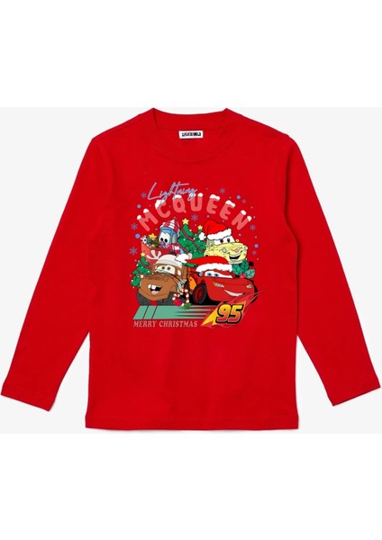 Uzun Kollu Noel Arabaları Şimşek Baskılı Yeni Yıl Yılbaşı Için Pamuklu Çocuk T-Shirt