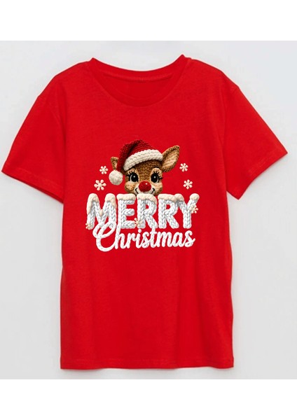 Geyik Merry Christmas Baskılı Kısa Kollu Pamuklu Nakış Baskılı T-Shirt