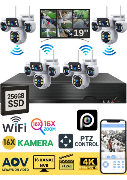 AR-KM AURORA 16 Kameralı WİFİ Güvenlik Kamerası Seti 19'' Monitör NVR Kayıt Cihazı (256GB SSD Dahil)