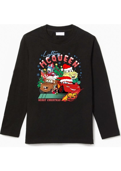 Uzun Kollu Noel Arabaları Şimşek Baskılı Yeni Yıl Yılbaşı Için Pamuklu Çocuk T-Shirt