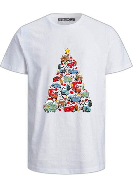 Arabalardan Işıklı Mcqueen Yılbaşı Ağacı Baskılı Pamuklu Yeni Yıl Çocuk Kısa Kollu T-Shirt