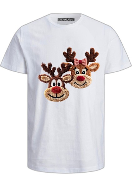 2 Geyik Nakış Görüntüsü Baskılı Kısa Kollu Yılbaşı Yeni Yıl Baskılı Pamuklu Çocuk Tişört