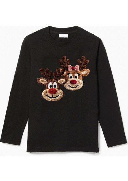 Uzun Kollu 2 Geyik Nakış Görüntülü Baskılı Yılbaşı Yeni Yıl Baskılı Pamuklu Çocuk Tişört