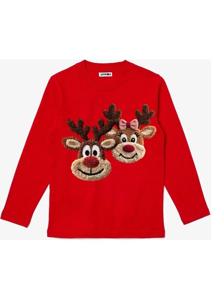 Uzun Kollu 2 Geyik Nakış Görüntülü Baskılı Yılbaşı Yeni Yıl Baskılı Pamuklu Çocuk Tişört
