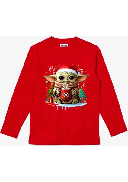 Uzun Kollu Sevimli Noel Bebek Yoda Baskılı Yeni Yıl Yılbaşı Için Pamuklu Çocuk T-Shirt