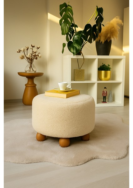 Mutlu evimiz Dekoratif Rahat ve Konforlu Puf - Açık Renkli - Doğal Ahşap Ayaklı - Yuvarlak Puf - Çok Amaçlı Kullanım - Modern Bench