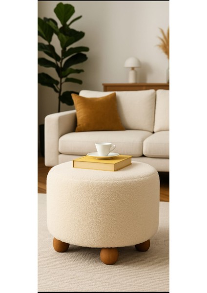 Mutlu evimiz Dekoratif Rahat ve Konforlu Puf - Açık Renkli - Doğal Ahşap Ayaklı - Yuvarlak Puf - Çok Amaçlı Kullanım - Modern Bench modelleri