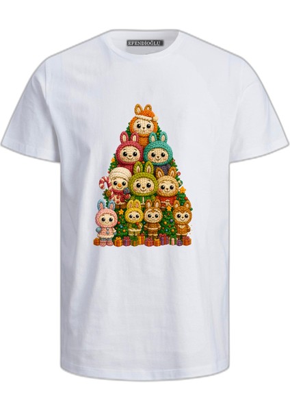 Yılbaşı Ağacı Labub Baskılı Yeni Yıl Çocuk Kısa Kollu T-Shirt