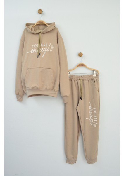 Bej Kapüşonlu Kız Eşofman Takımı