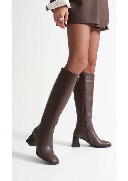 Arden Premium Kadın Acı Kahve Kışlık Fermuarlı Topuklu Çizme