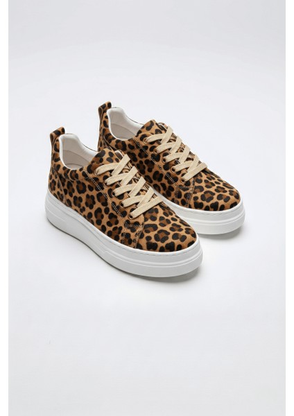 Alexis Premium 8 cm Gizli Topuk Beyaz Leopar Kadın Spor Ayakkabı