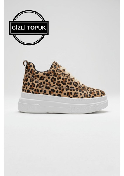 Alexis Premium 8 cm Gizli Topuk Beyaz Leopar Kadın Spor Ayakkabı