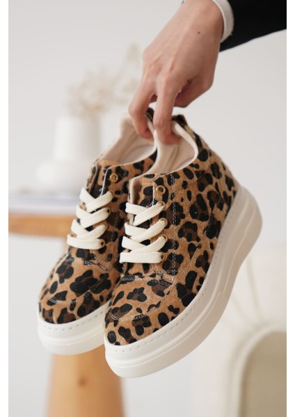 Alexis Premium 8 cm Gizli Topuk Beyaz Leopar Kadın Spor Ayakkabı