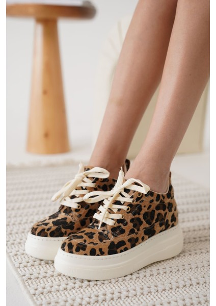 Alexis Premium 8 cm Gizli Topuk Beyaz Leopar Kadın Spor Ayakkabı