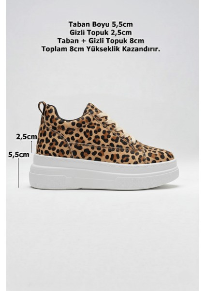 Alexis Premium 8 cm Gizli Topuk Beyaz Leopar Kadın Spor Ayakkabı