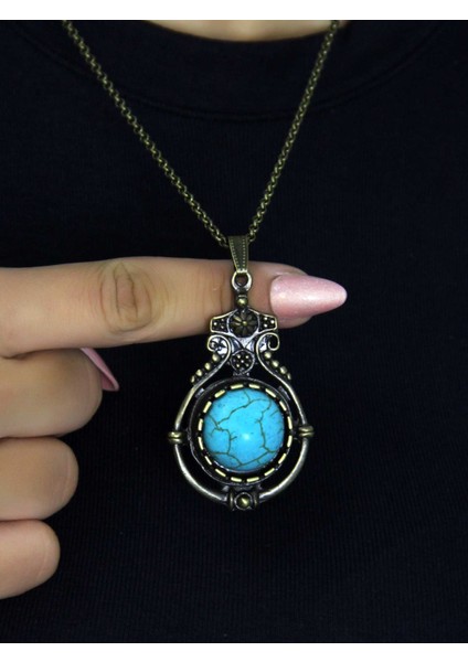 Doğal Taş Firuze Doğal Taşlı Desenli Otantik Kadın Kolye 45 cm Zincirli EUK14F