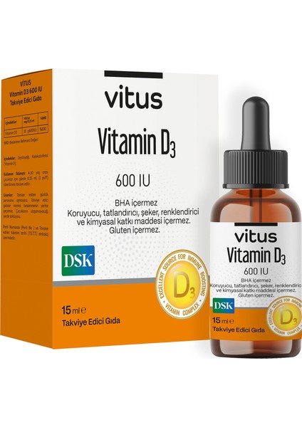 Vitus Vitamin D3 600 Iu Zeytinyağı Bazlı Damla Gelişim Çağındaki Çocuklar Için 15 ml