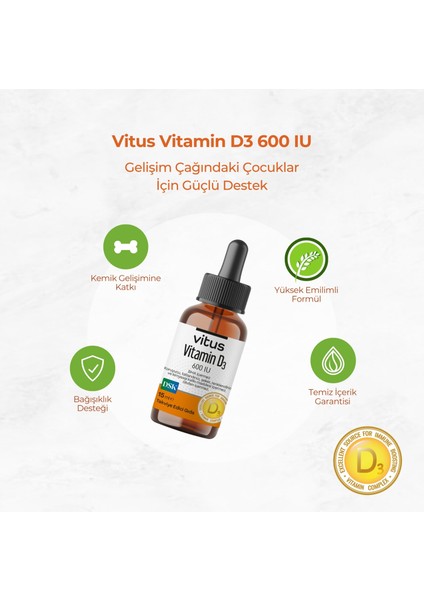 Vitus Vitamin D3 600 Iu Zeytinyağı Bazlı Damla Gelişim Çağındaki Çocuklar Için 15 ml modelleri